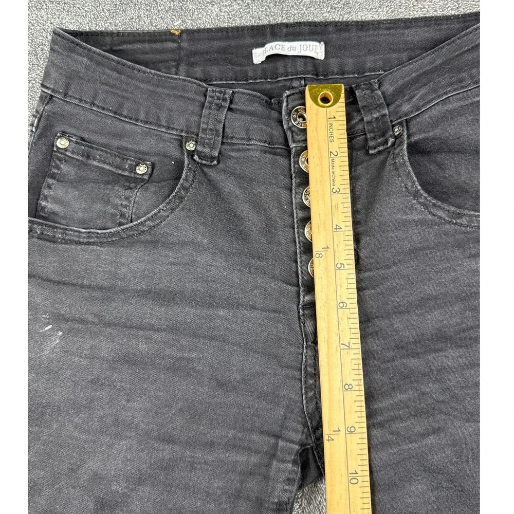 Place du Jour Black Denim Cuffed Shorts Button Fly Star Detail Size 36 Mens